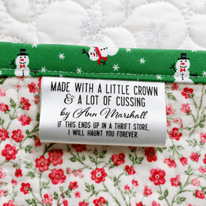 Personalized Funny Satin Quilt Tag | Made With a Little Crown & A Lot of Cussing - 3 inch - Jammin Threads