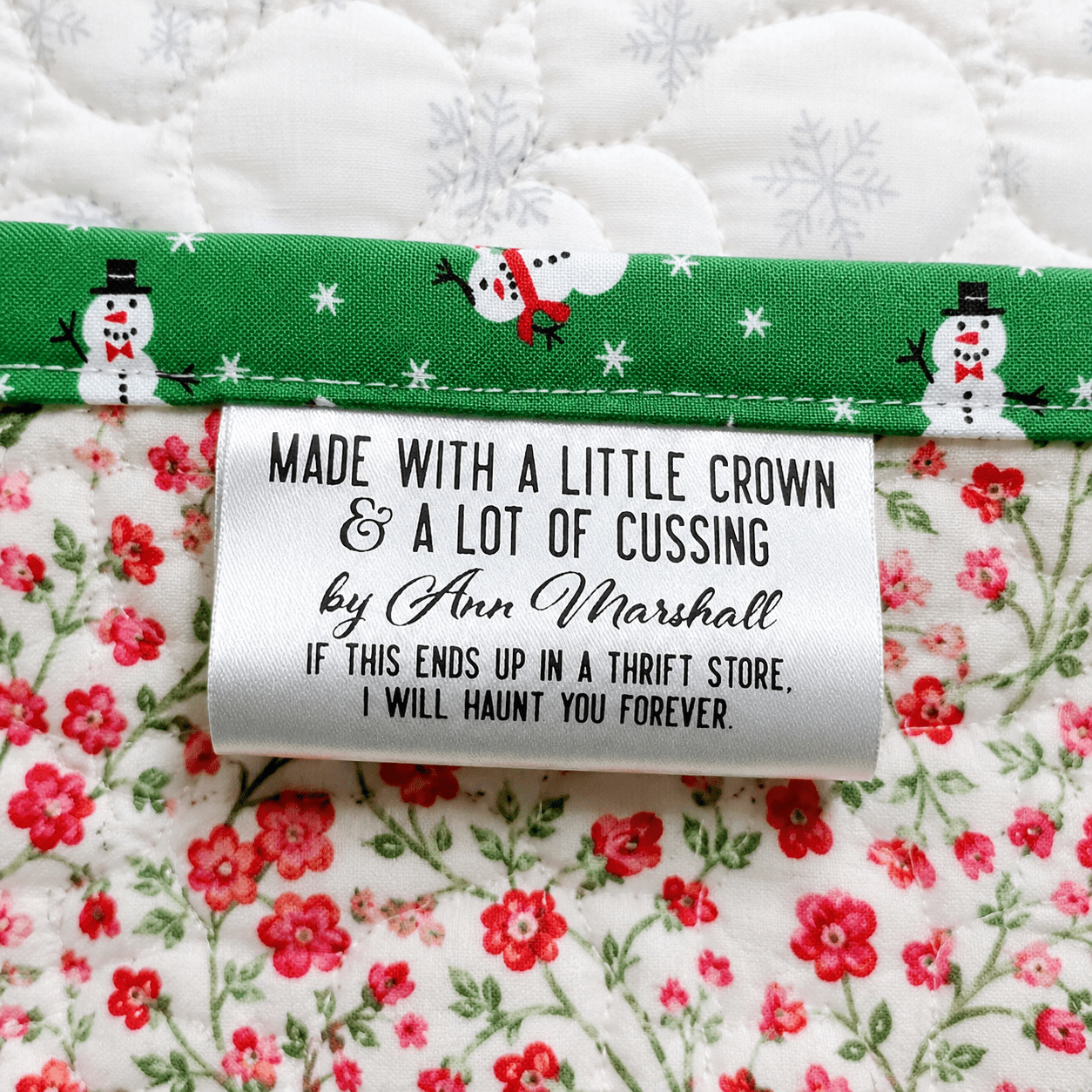 Personalized Funny Satin Quilt Tag | Made With a Little Crown & A Lot of Cussing - 3 inch - Jammin Threads