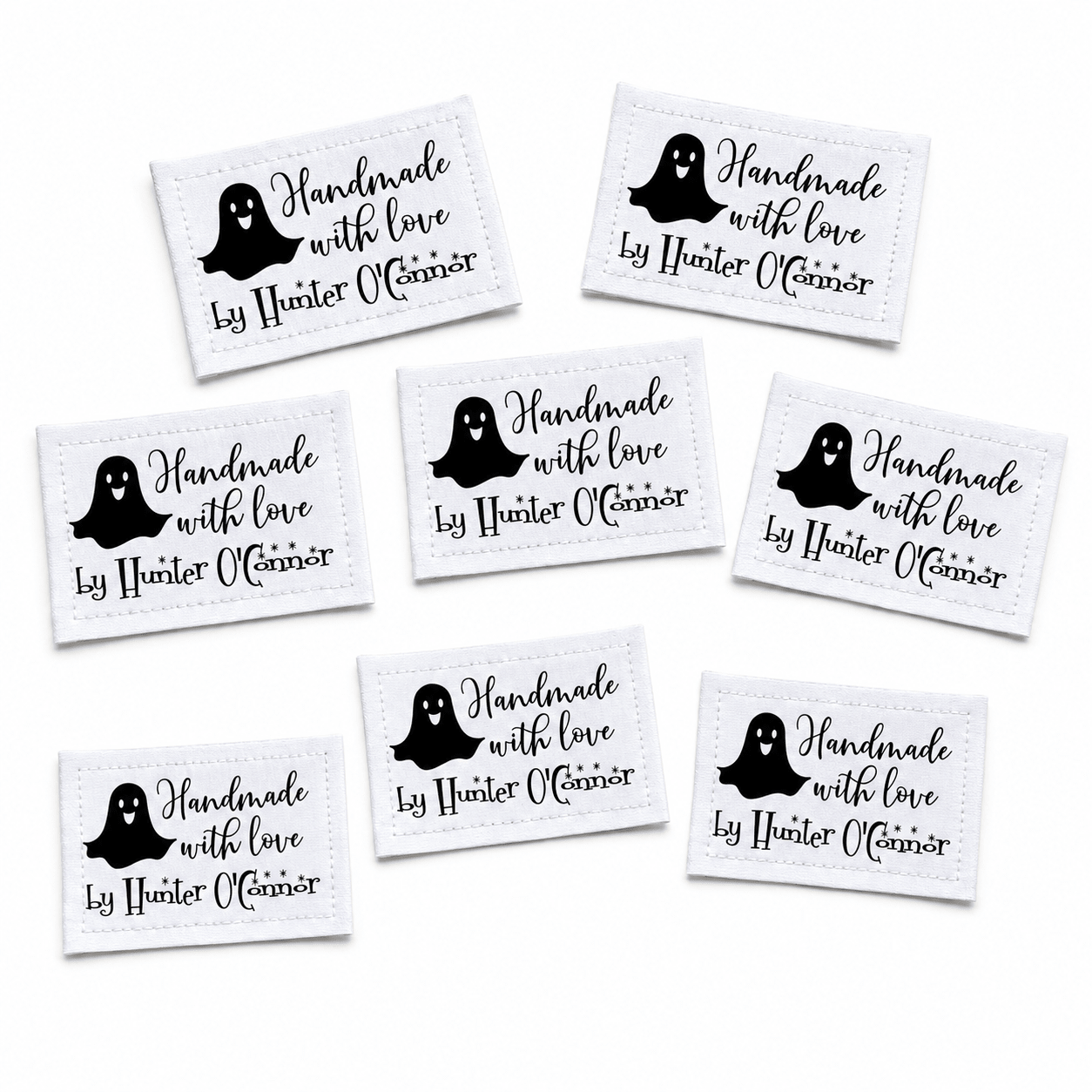 Personalized Ghost Quilt Label, Handmade with Love Halloween Quilt Tag, Custom Maker Name Cotton or Polyester Sew-On Label - Jammin Threads