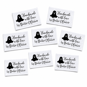 Personalized Ghost Quilt Label, Handmade with Love Halloween Quilt Tag, Custom Maker Name Cotton or Polyester Sew-On Label - Jammin Threads