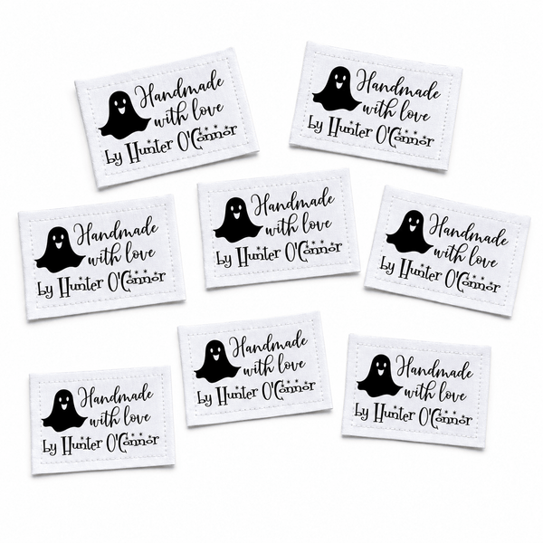 Personalized Ghost Quilt Label, Handmade with Love Halloween Quilt Tag, Custom Maker Name Cotton or Polyester Sew-On Label - Jammin Threads