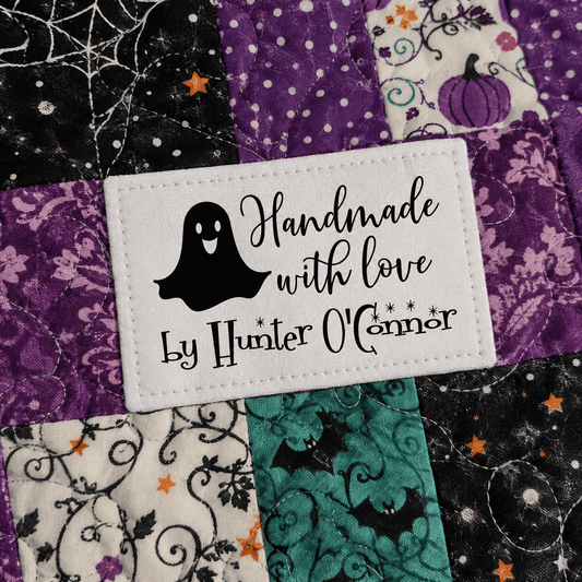 Personalized Ghost Quilt Label, Handmade with Love Halloween Quilt Tag, Custom Maker Name Cotton or Polyester Sew-On Label - Jammin Threads