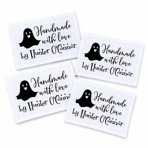 Personalized Ghost Quilt Label, Handmade with Love Halloween Quilt Tag, Custom Maker Name Cotton or Polyester Sew-On Label - Jammin Threads