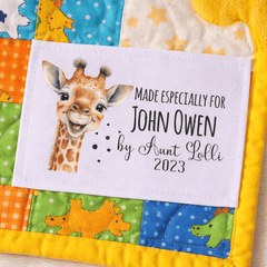 Personalized Giraffe Quilt Label – Made Especially For Custom Name Tag – Baby Quilt Label with Maker Name & Year – Single Fabric Label - Jammin Threads
