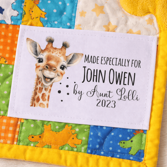 Personalized Giraffe Quilt Label – Made Especially For Custom Name Tag – Baby Quilt Label with Maker Name & Year – Single Fabric Label - Jammin Threads