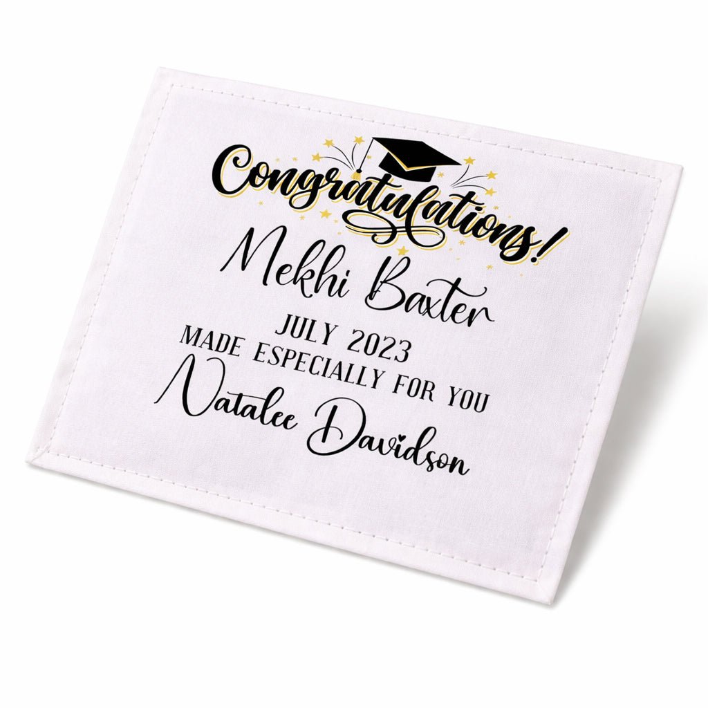 Personalized Graduation Quilt Label – Congratulations Graduate Quilt Label – Custom Name, Date & Maker – 3.5” x 2.5” Cotton or Poly - Jammin Threads
