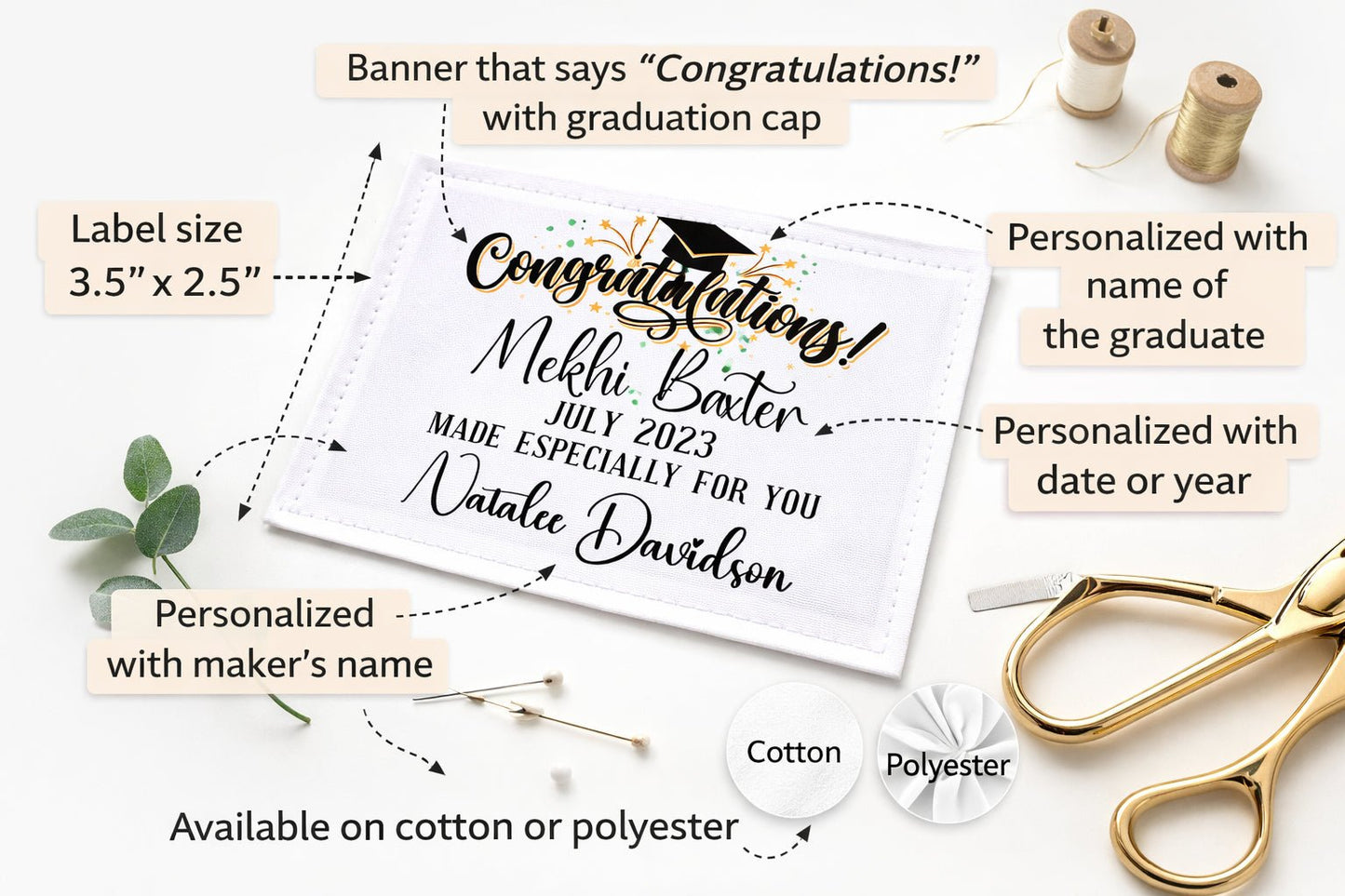 Personalized Graduation Quilt Label – Congratulations Graduate Quilt Label – Custom Name, Date & Maker – 3.5” x 2.5” Cotton or Poly - Jammin Threads
