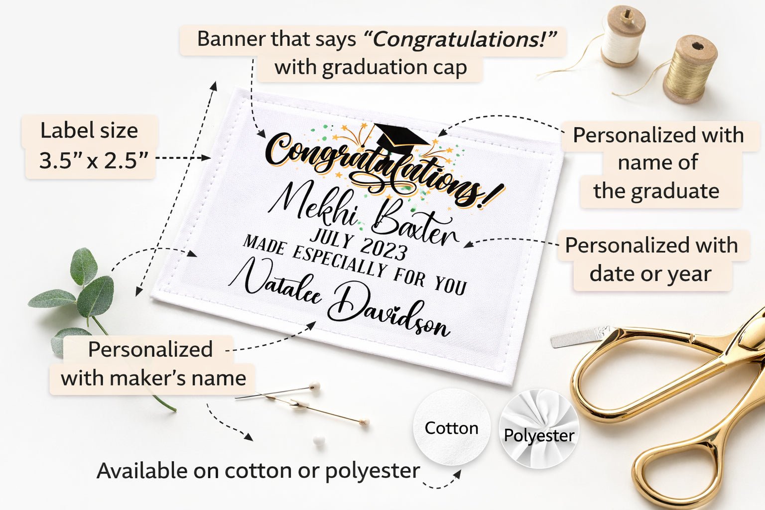 Personalized Graduation Quilt Label – Congratulations Graduate Quilt Label – Custom Name, Date & Maker – 3.5” x 2.5” Cotton or Poly - Jammin Threads