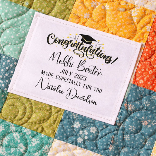 Personalized Graduation Quilt Label – Congratulations Graduate Quilt Label – Custom Name, Date & Maker – 3.5” x 2.5” Cotton or Poly - Jammin Threads