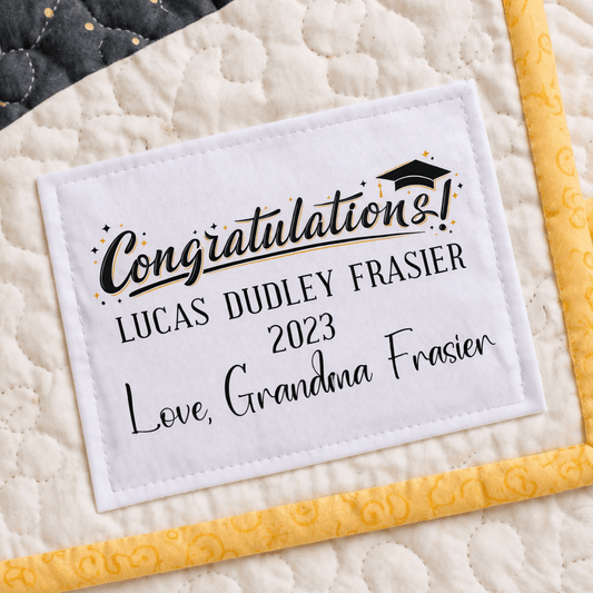 Personalized Graduation Quilt Label with Name, Date & Message – Custom “Congratulations” Quilt Label with Cap Design - Jammin Threads