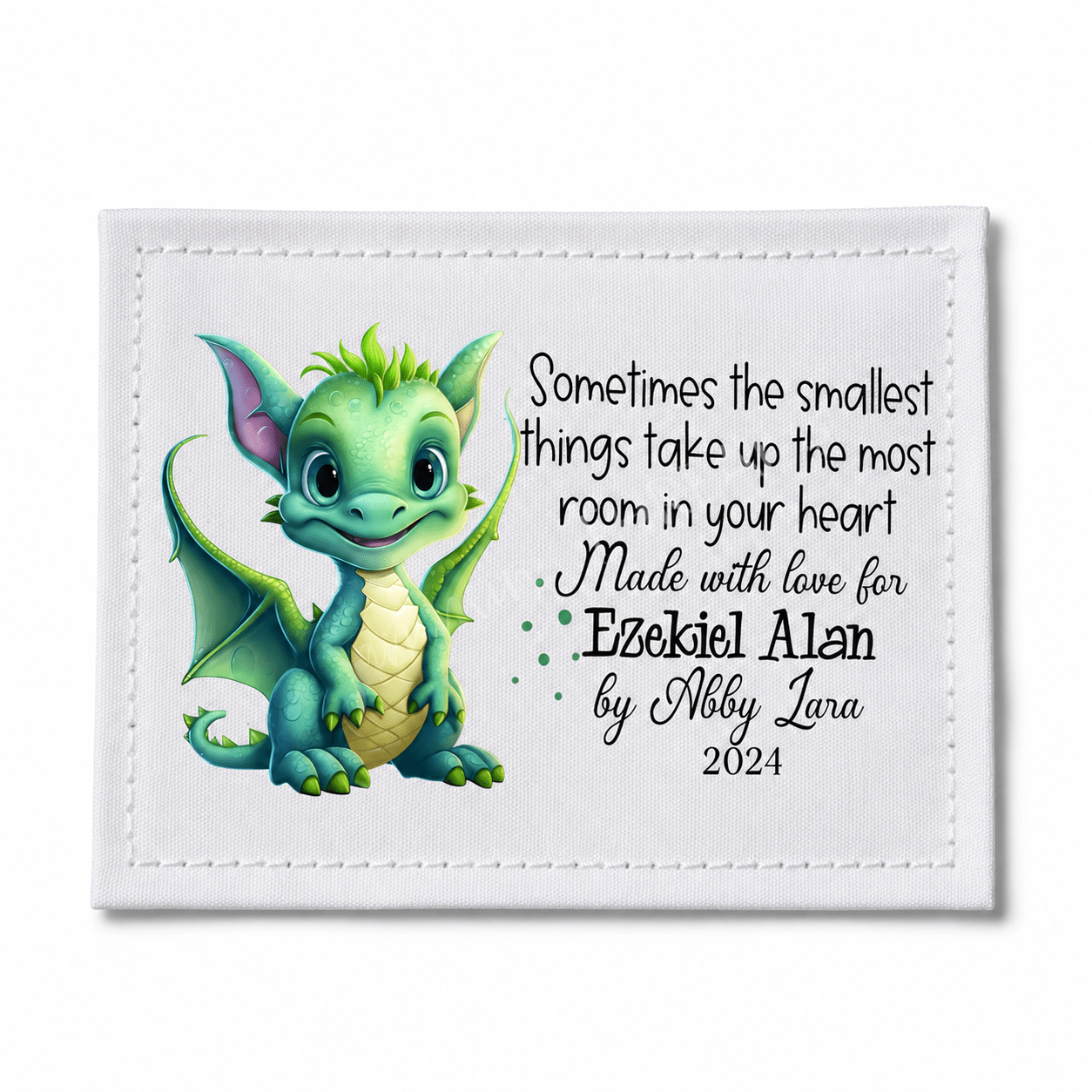 Personalized Green Dragon Quilt Label with Recipient Name, Maker Name and Year - Jammin Threads