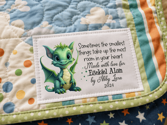 Personalized Green Dragon Quilt Label with Recipient Name, Maker Name and Year - Jammin Threads
