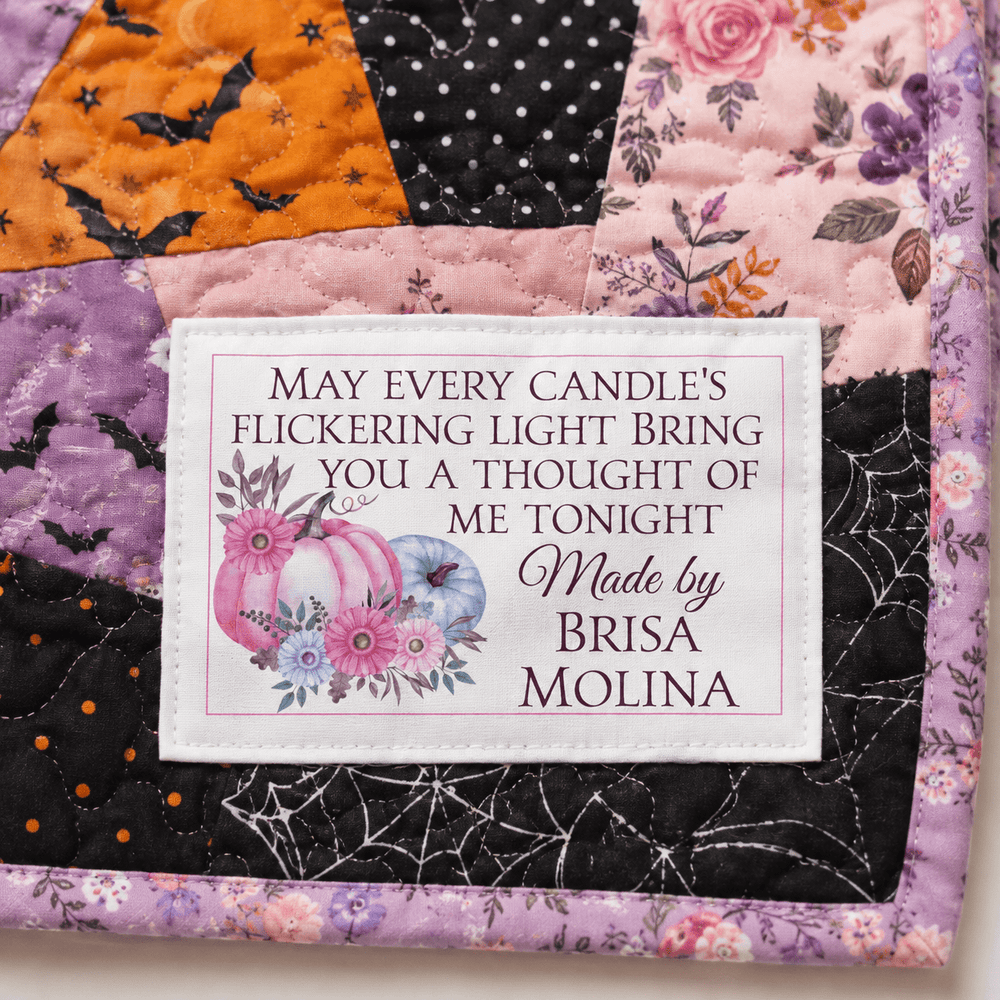 Personalized Halloween Quilt Label – Candle Poem with Pink & Blue Watercolor Pumpkins - Jammin Threads