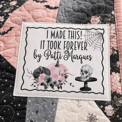 Personalized Halloween Quilt Label – I Made This, It Took Forever – Skull & Pink Pumpkin - Jammin Threads