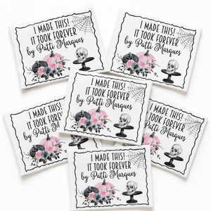 Personalized Halloween Quilt Label – I Made This, It Took Forever – Skull & Pink Pumpkin - Jammin Threads