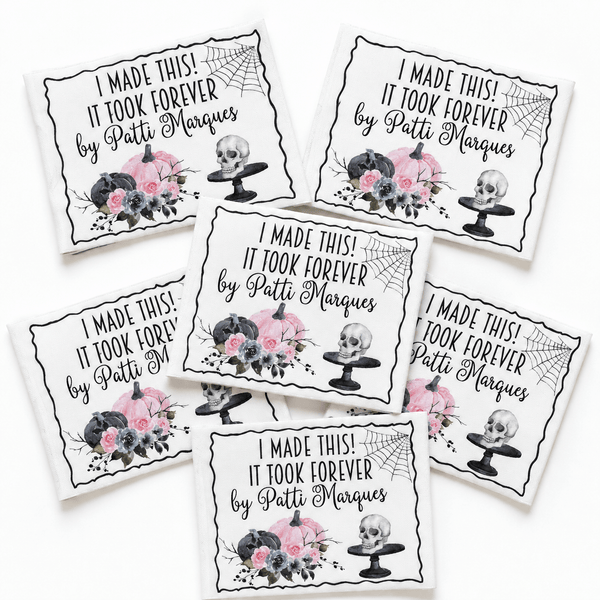 Personalized Halloween Quilt Label – I Made This, It Took Forever – Skull & Pink Pumpkin - Jammin Threads