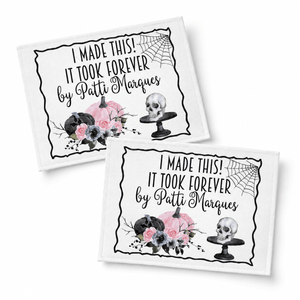 Personalized Halloween Quilt Label – I Made This, It Took Forever – Skull & Pink Pumpkin - Jammin Threads