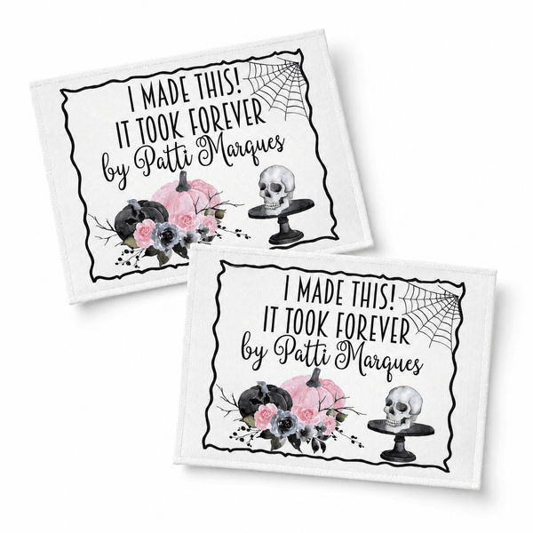 Personalized Halloween Quilt Label – I Made This, It Took Forever – Skull & Pink Pumpkin - Jammin Threads