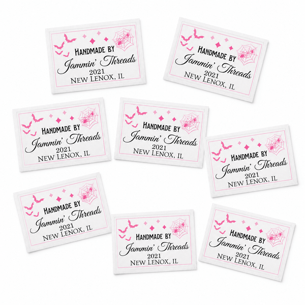 Personalized Halloween Quilt Label – Pink Bats & Spider Webs – Custom Maker Name & Location - Jammin Threads