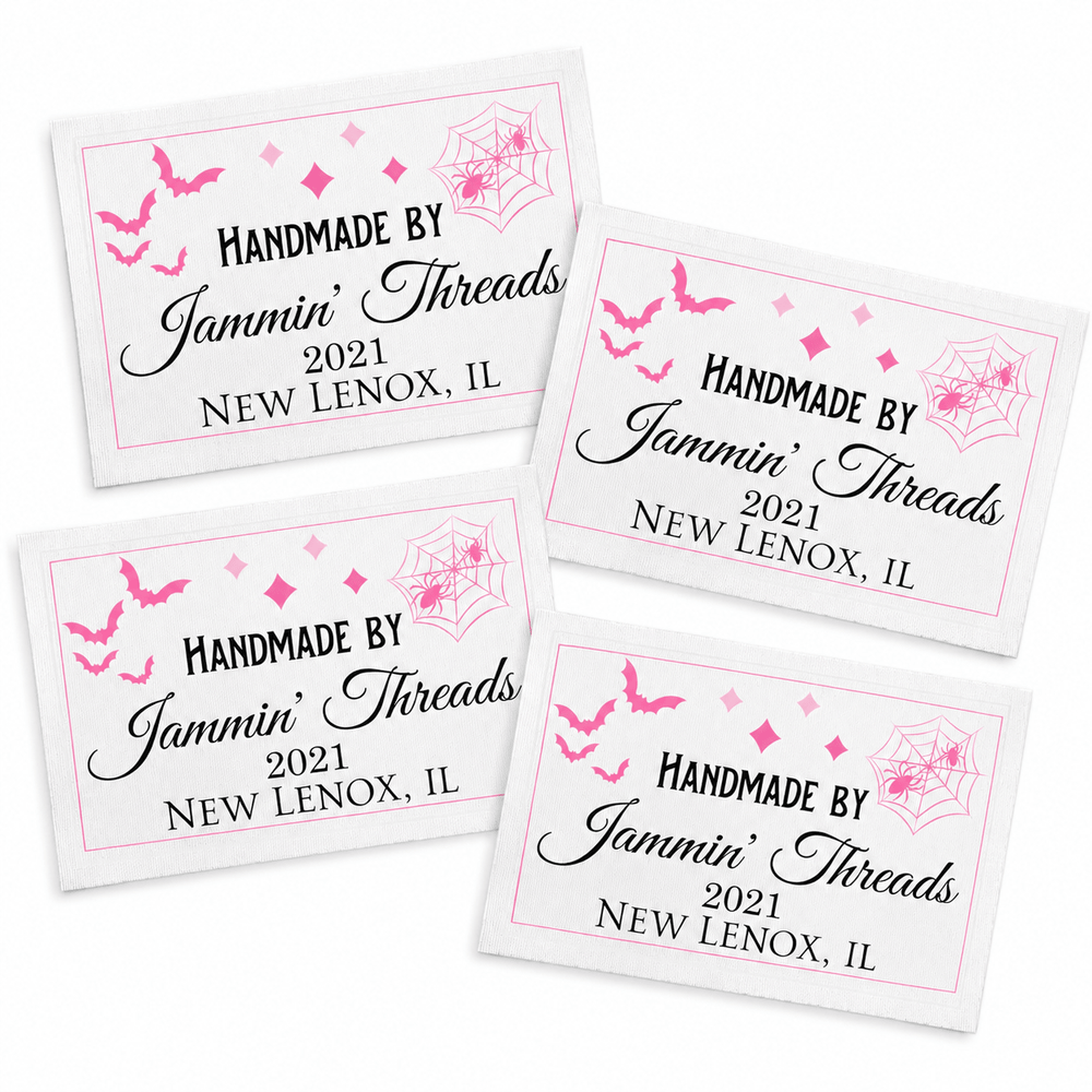 Personalized Halloween Quilt Label – Pink Bats & Spider Webs – Custom Maker Name & Location - Jammin Threads