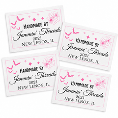 Personalized Halloween Quilt Label – Pink Bats & Spider Webs – Custom Maker Name & Location - Jammin Threads