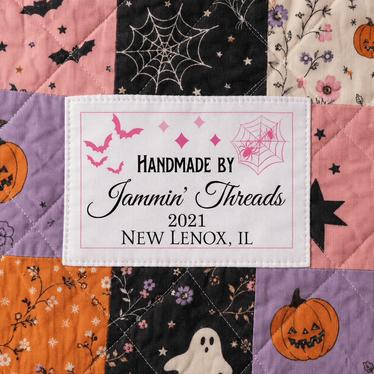 Personalized Halloween Quilt Label – Pink Bats & Spider Webs – Custom Maker Name & Location - Jammin Threads