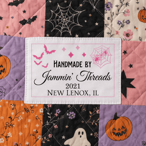 Personalized Halloween Quilt Label – Pink Bats & Spider Webs – Custom Maker Name & Location - Jammin Threads