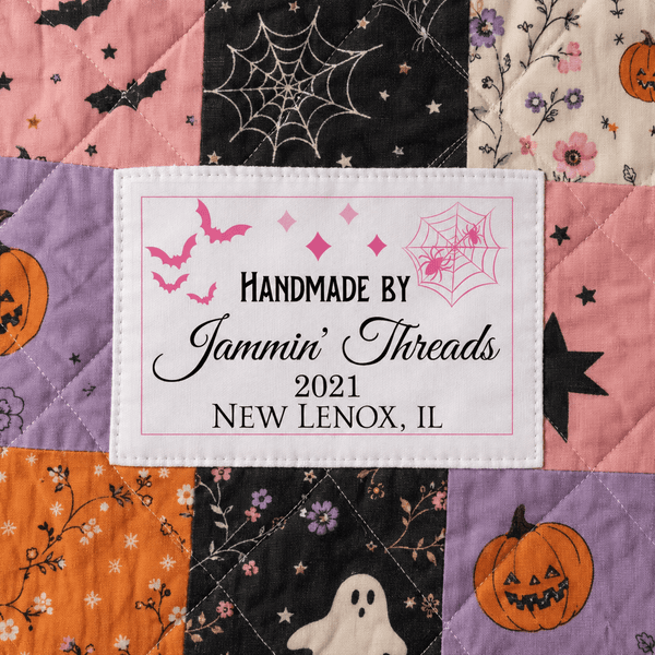 Personalized Halloween Quilt Label – Pink Bats & Spider Webs – Custom Maker Name & Location - Jammin Threads