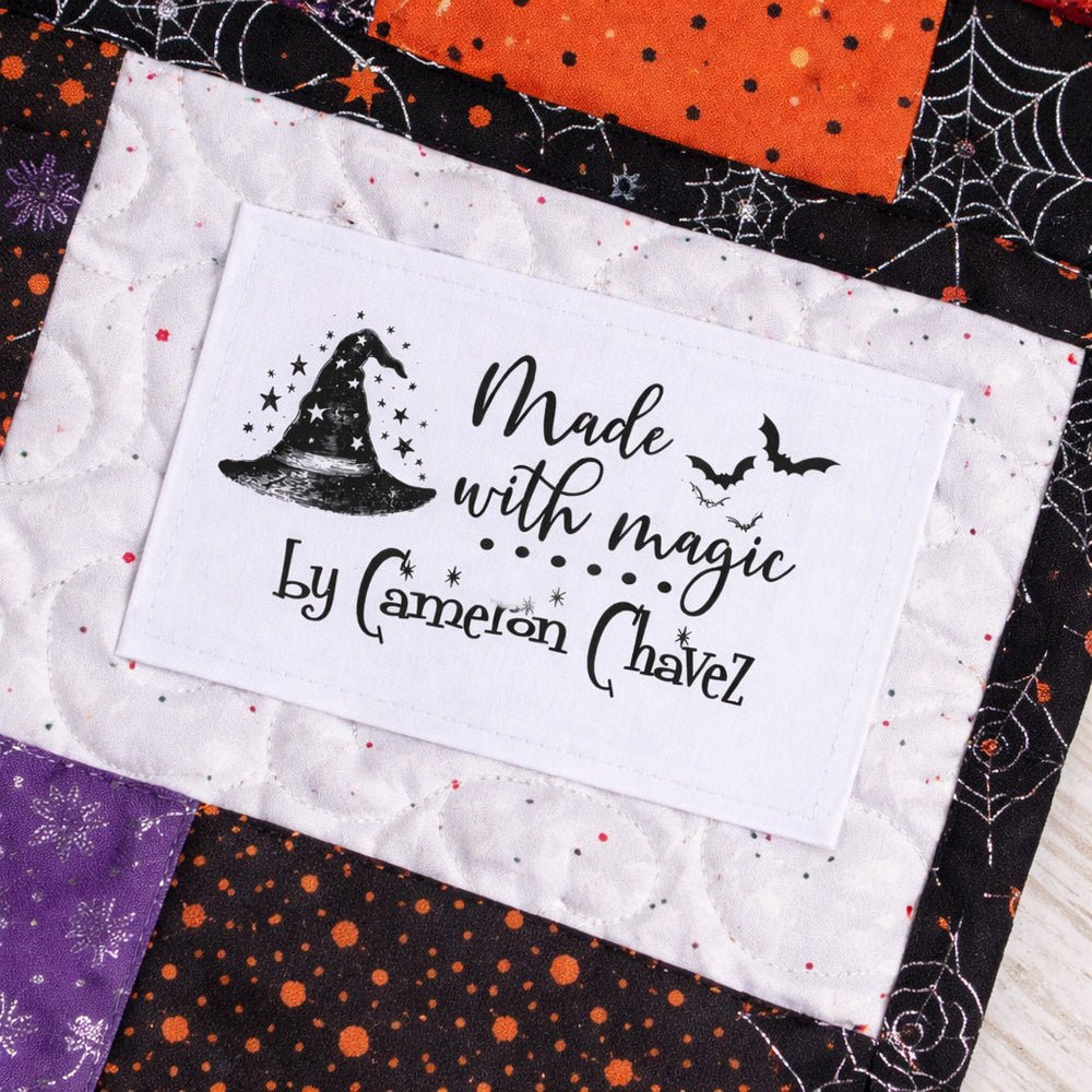 Personalized Halloween Quilt Labels – “Made with Magic” Witch Hat Design – Custom Handmade By Name – Set of 6 Fabric Labels - Jammin Threads