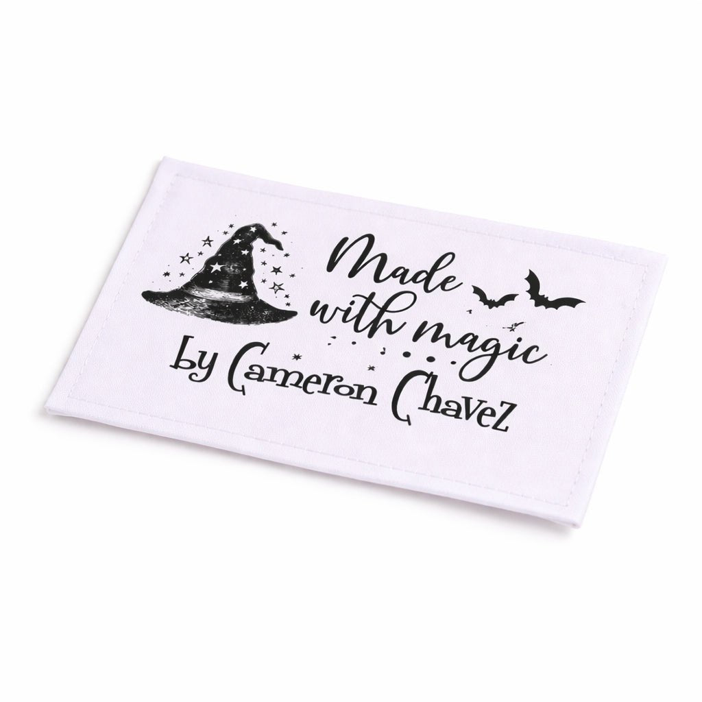 Personalized Halloween Quilt Labels – “Made with Magic” Witch Hat Design – Custom Handmade By Name – Set of 6 Fabric Labels - Jammin Threads