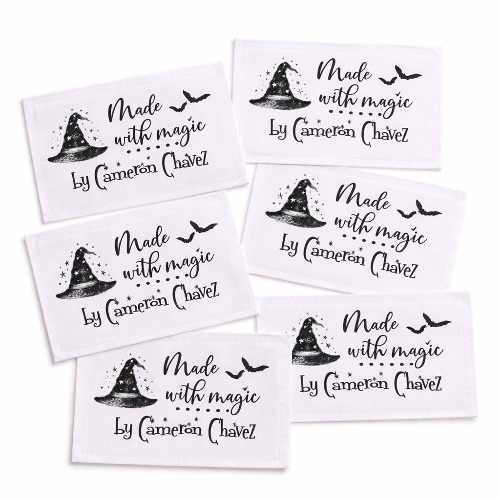 Personalized Halloween Quilt Labels – “Made with Magic” Witch Hat Design – Custom Handmade By Name – Set of 6 Fabric Labels - Jammin Threads