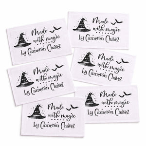 Personalized Halloween Quilt Labels – “Made with Magic” Witch Hat Design – Custom Handmade By Name – Set of 6 Fabric Labels - Jammin Threads
