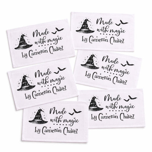 Personalized Halloween Quilt Labels – “Made with Magic” Witch Hat Design – Custom Handmade By Name – Set of 6 Fabric Labels - Jammin Threads
