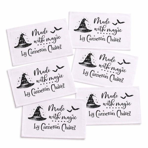 Personalized Halloween Quilt Labels – “Made with Magic” Witch Hat Design – Custom Handmade By Name – Set of 6 Fabric Labels - Jammin Threads