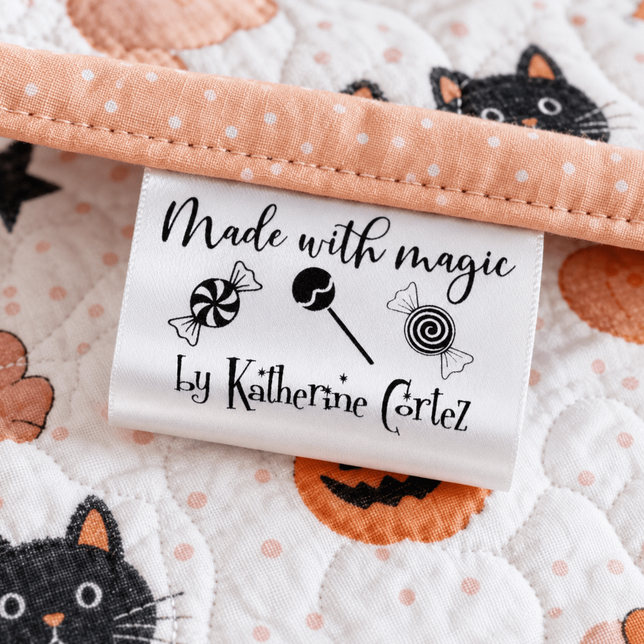 Personalized Halloween Satin Quilt Tag – Made with Magic Candy Label – Custom Maker Name - Jammin Threads
