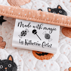 Personalized Halloween Satin Quilt Tag – Made with Magic Candy Label – Custom Maker Name - Jammin Threads