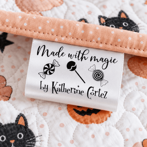 Personalized Halloween Satin Quilt Tag – Made with Magic Candy Label – Custom Maker Name - Jammin Threads