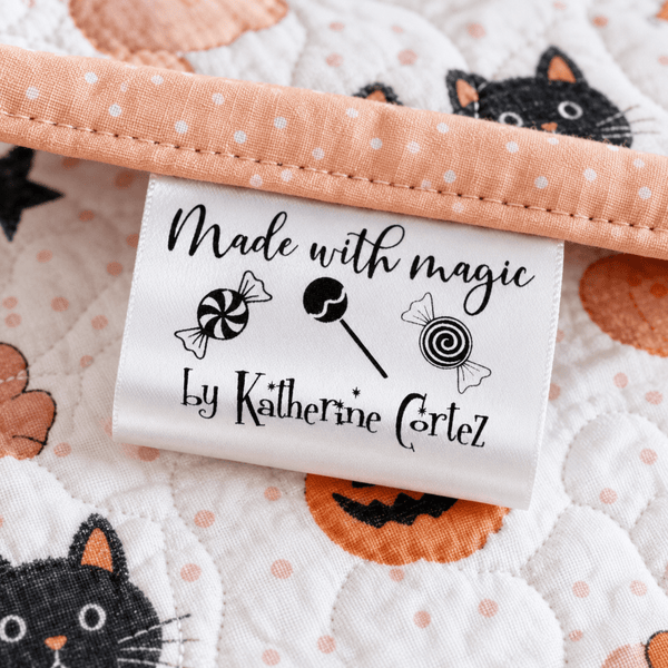Personalized Halloween Satin Quilt Tag – Made with Magic Candy Label – Custom Maker Name - Jammin Threads