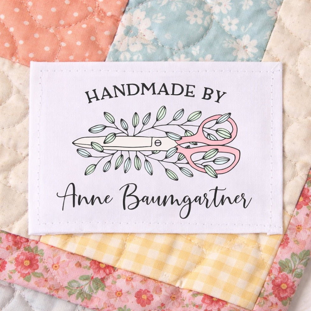 Personalized Handmade By Quilt Label | Pink Sewing Shears Quilt Label | Custom Quilter Name Label | Floral Sewing Quilt Tag - Jammin Threads
