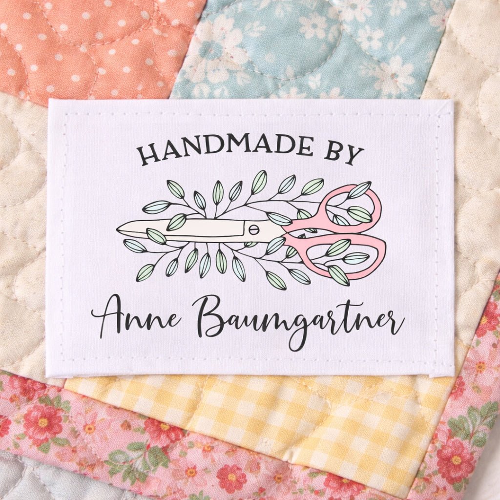 Personalized Handmade By Quilt Label | Pink Sewing Shears Quilt Label | Custom Quilter Name Label | Floral Sewing Quilt Tag - Jammin Threads