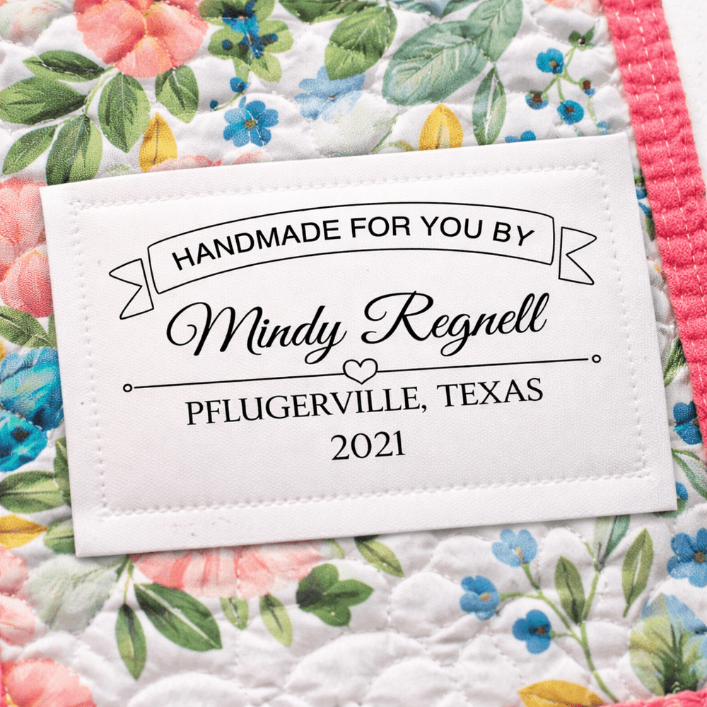 Personalized Handmade By Quilt Label with Banner – Custom Quilt Label with Maker Name, Location and Year – Sew - On Quilt Labels 2.75 x 1.75" (6 per Sheet) - Jammin Threads