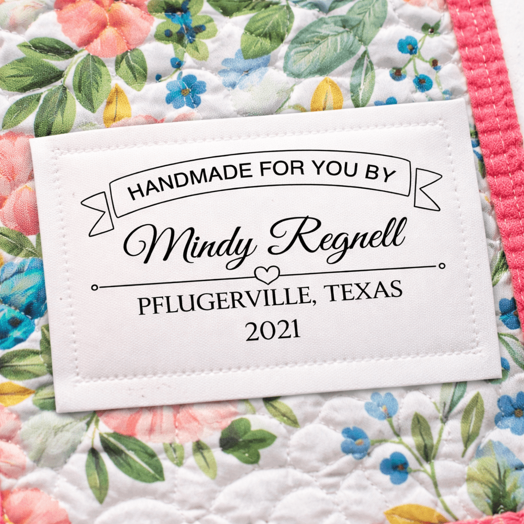 Personalized Handmade By Quilt Label with Banner – Custom Quilt Label with Maker Name, Location and Year – Sew - On Quilt Labels 2.75 x 1.75" (6 per Sheet) - Jammin Threads