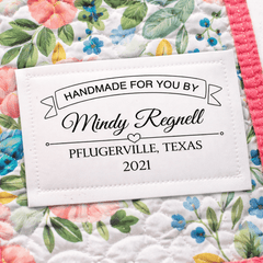 Personalized Handmade By Quilt Label with Banner – Custom Quilt Label with Maker Name, Location and Year – Sew - On Quilt Labels 2.75 x 1.75" (6 per Sheet) - Jammin Threads