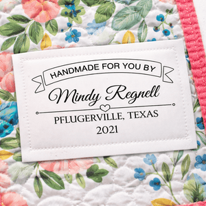 Personalized Handmade By Quilt Label with Banner – Custom Quilt Label with Maker Name, Location and Year – Sew - On Quilt Labels 2.75 x 1.75" (6 per Sheet) - Jammin Threads