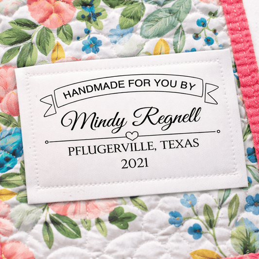 Personalized Handmade By Quilt Label with Banner – Custom Quilt Label with Maker Name, Location and Year – Sew - On Quilt Labels 2.75 x 1.75" (6 per Sheet) - Jammin Threads