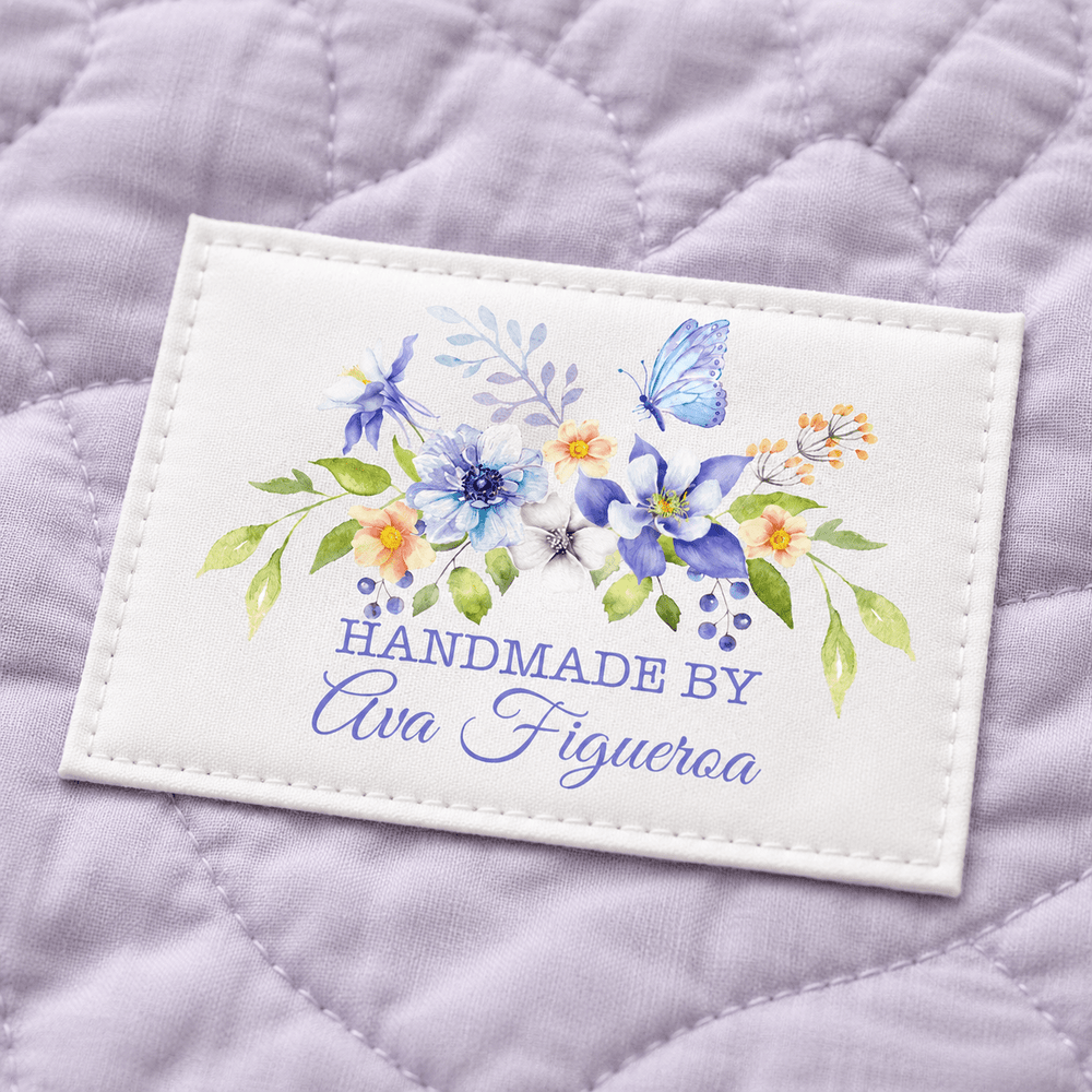 Personalized Handmade By Quilt Label with Flowers and Butterfly – Custom Quilt Label with Maker Name - Jammin Threads