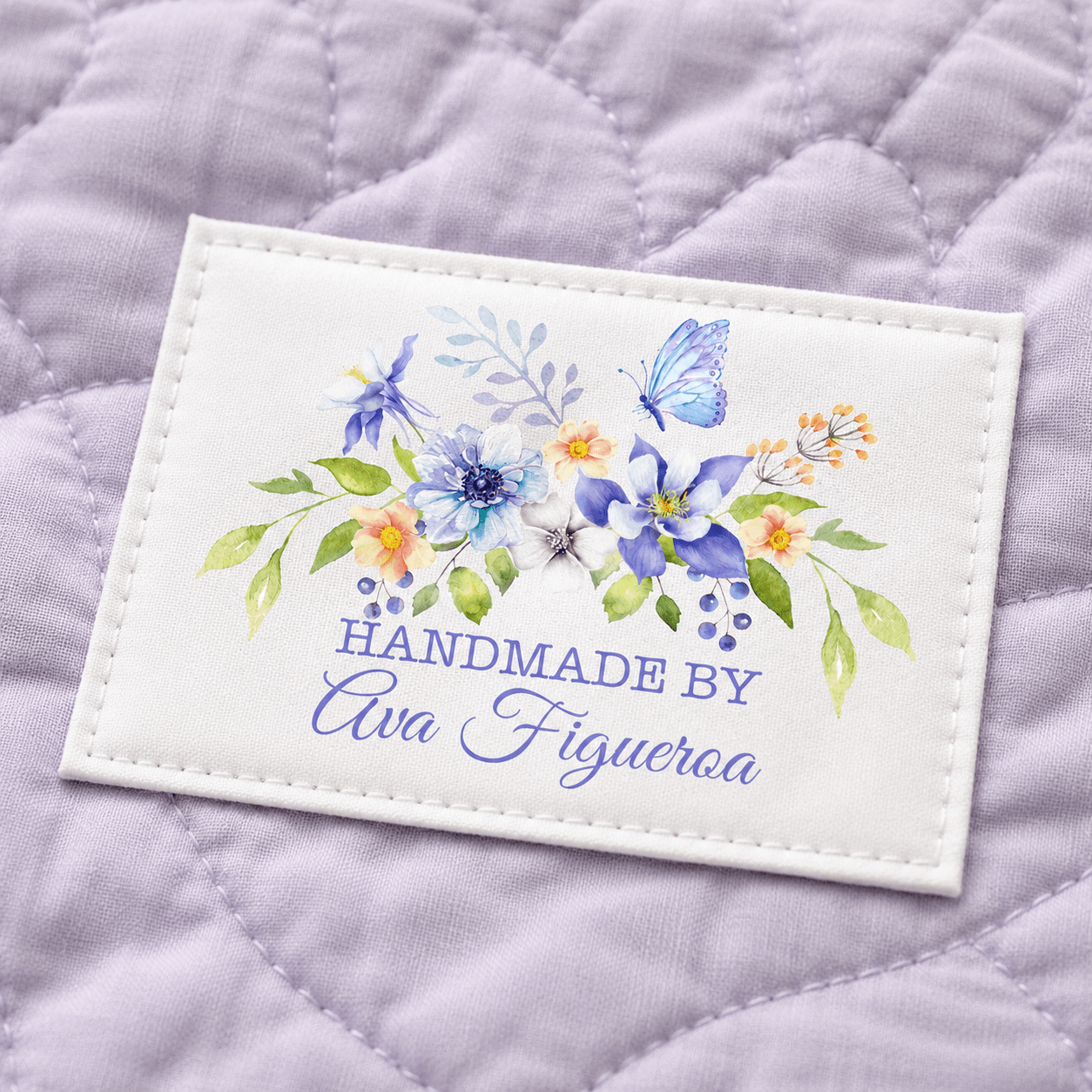 Personalized Handmade By Quilt Label with Flowers and Butterfly – Custom Quilt Label with Maker Name - Jammin Threads