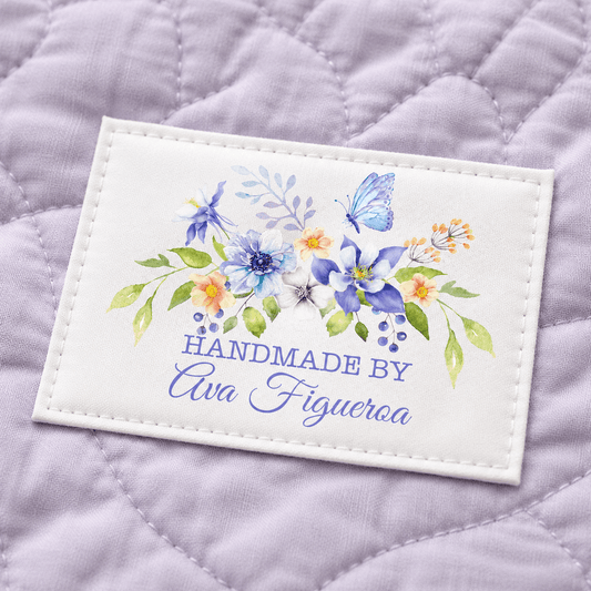 Personalized Handmade By Quilt Label with Flowers and Butterfly – Custom Quilt Label with Maker Name - Jammin Threads