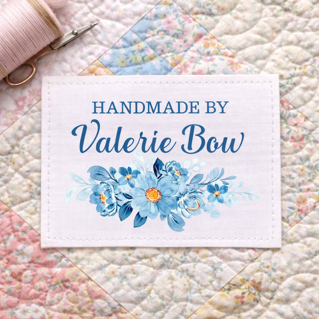 Personalized Handmade By Quilt Labels – Blue Floral Quilt Label – Custom Quilt Maker Tag – Cotton or Polyester – Set of 8 - Jammin Threads