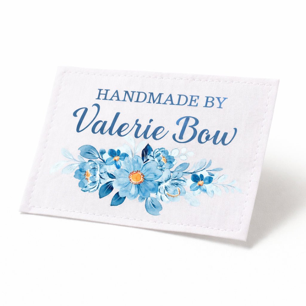 Personalized Handmade By Quilt Labels – Blue Floral Quilt Label – Custom Quilt Maker Tag – Cotton or Polyester – Set of 8 - Jammin Threads